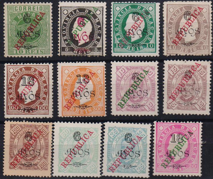 1517.jpg -     Lote:    1517                   Descrição:         1913 &mdash; Tipo Coroa, D. Luís I, fita direita e D. Carlos I sobretaxados, com sobrecarga REPUBLICA local. CE165/176. Valor de catálogo &euro; 294,00.        *       Valor Base:     &euro; 60,00     Valor Venda:     &euro;      