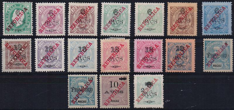 1521.jpg -     Lote:    1521                   Descrição:         1915 &mdash; D. Luís I, fita direita e D. Carlos I com sobretaxa. CE226/242. Série completa. Valor de catálogo &euro; 268,00.        *       Valor Base:     &euro; 55,00     Valor Venda:     &euro;      