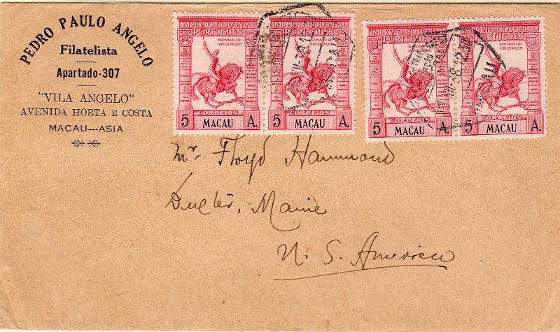 1526.jpg -     Lote:    1526                   Descrição:         1938 &mdash; Império Colonial Português. Sobrescrito circulado de Macau (16.12.38) para os EUA com 4 selos de 5 avos CE293.        Carta       Valor Base:     &euro; 45,00     Valor Venda:     &euro;      