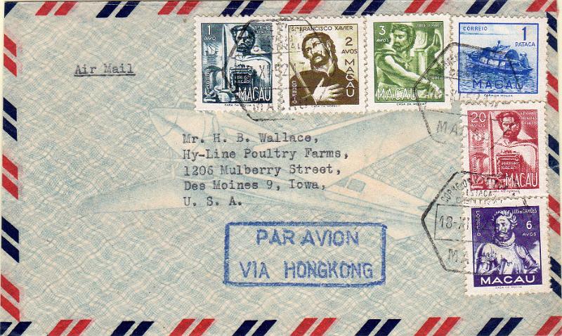 1535.jpg -     Lote:    1535                   Descrição:         1951 &mdash; Vultos do Oriente + Embarcações Típicas de Macau. Sobrescrito circulado de Macau (18.11.52) para os EUA com selos de 1avo, 2 avos, 3 avos, 6 avos, 20 avos e 1 pataca, CE355/58, 360 e 363.        Carta       Valor Base:     &euro; 22,00     Valor Venda:     &euro;      