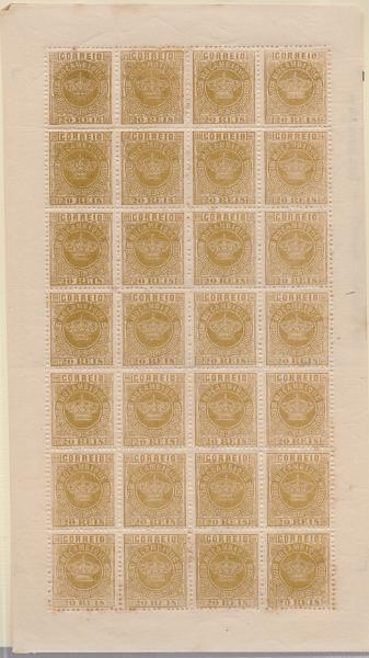 1543.jpg -     Lote:    1543                   Descrição:         1876 &mdash; Tipo Coroa. CE3, 20 reis bistre, denteado 12 &frac12;. Folha completa com 28 selos. Valor de catálogo &euro; 72,80.        ***       Valor Base:     &euro; 25,00     Valor Venda:     &euro;      