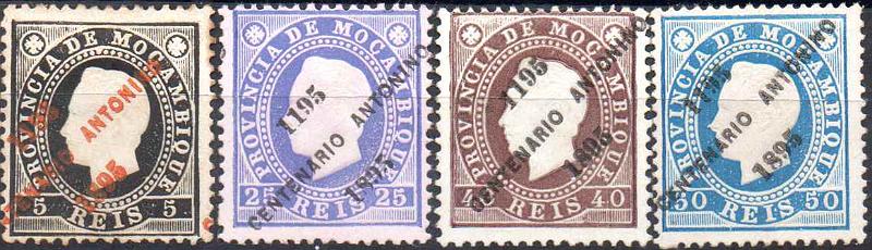 1558.jpg -     Lote:    1558                   Descrição:         1895 &mdash; D. Luís I, fita direita, com sobrecarga do "Centenário Antonino". Lote com 4 selos de 5, 25, 40 e 50 reis (denteado 13 &frac12;), CE41, 44/46. Valor de catálogo &euro; 226,00.        *       Valor Base:     &euro; 30,00     Valor Venda:     &euro;      