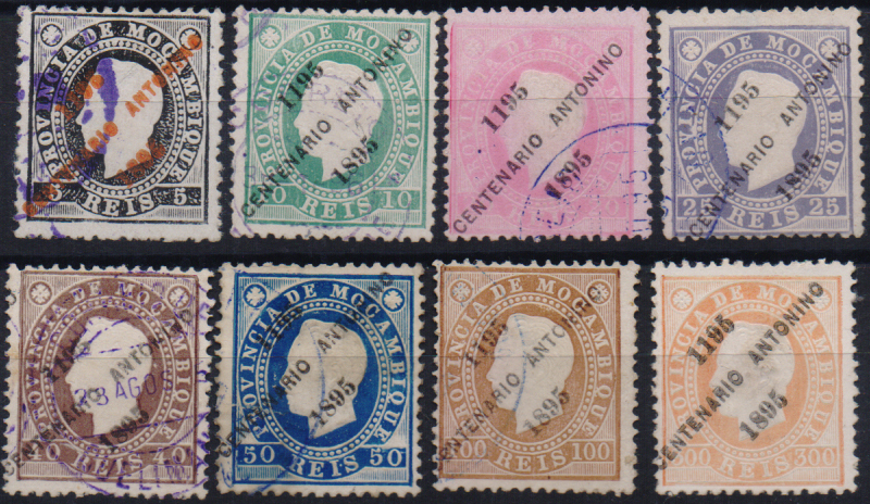 1559.jpg -     Lote:    1559                   Descrição:         1895 &mdash; D. Luís I. Fita direita, com sobrecarga do Centenário Antonino. CE4&frac14;7, 49. Série incompleta em denteado 12 &frac12; (falta 200 reis). Valor de catálogo &euro; 164,00.        O       Valor Base:     &euro; 25,00     Valor Venda:     &euro;      