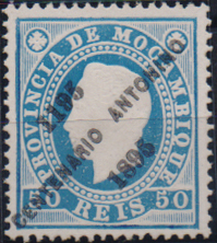 1562.jpg -     Lote:    1562                   Descrição:         1895 &mdash; D. Luís I. Fita direita, com sobrecarga do Centenário Antonino. CE46, 50 reis azul, denteado 13 &frac12;. Valor de catálogo &euro; 150,00.        *       Valor Base:     &euro; 30,00     Valor Venda:     &euro;      