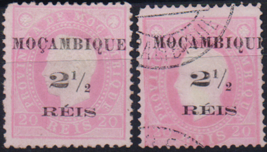 1566.jpg -     Lote:    1566                   Descrição:         1898 &mdash; D. Luís I, fita direita, com sobretaxa. CE51, 2 &frac12; reis s/ 20 reis. Sobrecarga 1. Lote de dois selos, um novo (um dente curto) e outro usado. Valor de catálogo &euro; 140,00.        */O       Valor Base:     &euro; 25,00     Valor Venda:     &euro;      