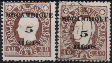 1569.jpg -     Lote:    1569                   Descrição:         1898 &mdash; D. Luís I, fita direita, com sobretaxa. CE52, 5 reis s/ 40 reis, castanho. Lote de dois selos, um novo e outro usado. Valor de catálogo &euro; 125,00.        */O       Valor Base:     &euro; 25,00     Valor Venda:     &euro;      