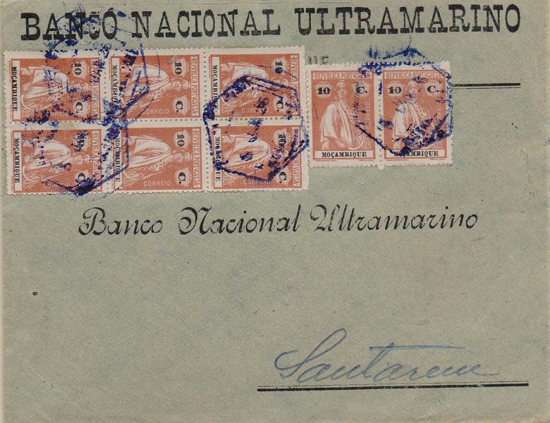 1571.jpg -     Lote:    1571                   Descrição:         1914 &mdash; Ceres. CE162, 10c tijolo. Sobrescrito circulado de Moçambique (16.01.26) para Santarém com 8 selos.        Carta       Valor Base:     &euro; 12,00     Valor Venda:     &euro;      