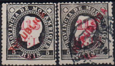 1573.jpg -     Lote:    1573                   Descrição:         1915/20 &mdash; D. Luís I sobretaxado, com sobrecarga REPUBLICA local. CE169, 115 s/ 5 reis preto, papel pontinhado. Lote de dois selos, um em estado de novo e outro em usado. Valor de catálogo &euro; 170,00.        */O       Valor Base:     &euro; 35,00     Valor Venda:     &euro;      