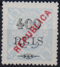 1574.jpg -     Lote:    1574                   Descrição:         1915/20 &mdash; D. Carlos I sobretaxado, com sobrecarga REPUBLICA local. CE177, 400 s/ 50 reis azul claro, em papel pontinhado, denteado 12 &frac12;. Valor de catálogo &euro; 180,00.        *       Valor Base:     &euro; 35,00     Valor Venda:     &euro;      