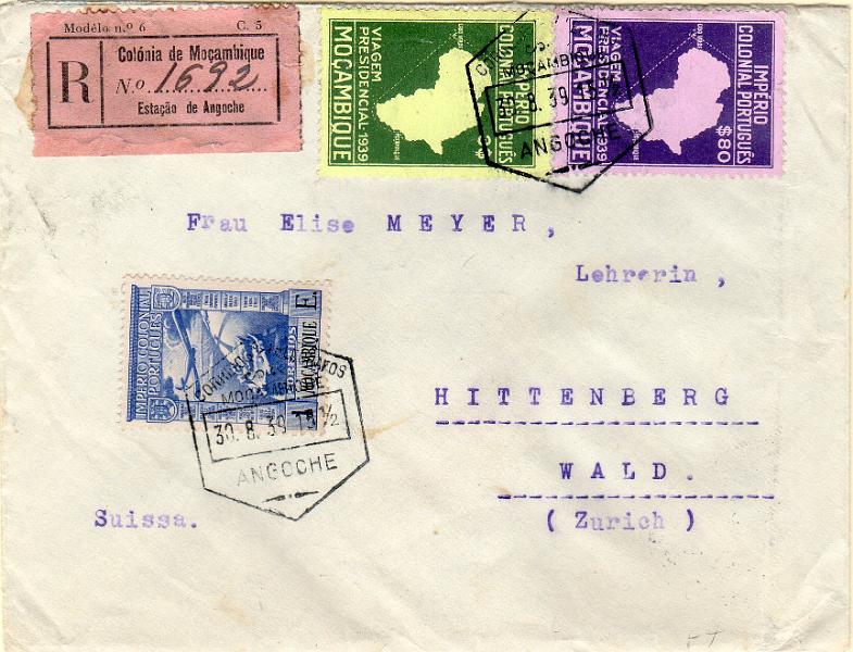 1589.jpg -     Lote:    1589                   Descrição:         1938/39 &mdash; Império Colonial Português * Correio Aéreo + Segunda Viagem Presidencial às Colónias. Sobrescrito circulado registado de Angoche (30.08.39) para Zurique (14.10.39) com selos de $80 e 3$00 CE308 e 310 + 1E CE CA4.        Carta       Valor Base:     &euro; 12,00     Valor Venda:     &euro;      