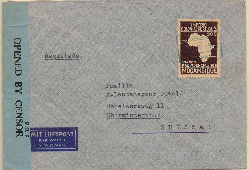 1590.jpg -     Lote:    1590                   Descrição:         1939 &mdash; Segunda Viagem Presidencial às Colónias. CE311, 20$00, em sobrescrito circulado por via aérea de Moma (01.05.40) para a Suíça, com trânsito pelo Lumbo (10.05.40). Censurado. Carimbos batidos a azul de "LUMBO" e "MOMA". MB e MR.        Carta       Valor Base:     &euro; 30,00     Valor Venda:     &euro;      
