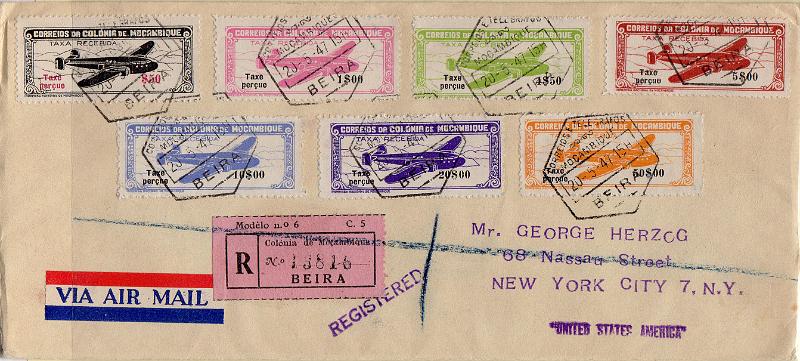 1601.jpg -     Lote:    1601                   Descrição:         1947 &mdash; Correio Aéreo. "Avião", com legenda "Taxe perçue". Sobrescrito circulado registado da Beira (20.05.47) para Nova York (30.05.47) com selos de $50, 1$00, 4$50, 5$00, 10$00, 20$00 e 50$00, CE CA16/17, 19/23. MB e MR.        Carta       Valor Base:     &euro; 150,00     Valor Venda:     &euro;      