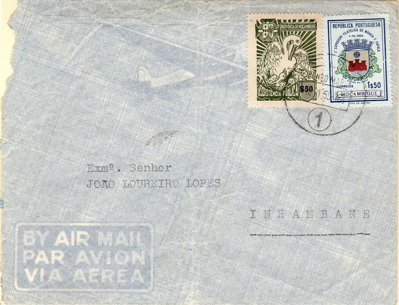 1604.jpg -     Lote:    1604                   Descrição:         1952/56 &mdash; Imposto Postal * Assistência Pública + 1.ª Exposição Filatélica de Manica e Sofala. Sobrescrito circulado de L. Marques (18.01.55) para Inhambane (22.01.55) com selo 1$50 CE420 e $50 verde oliva CE IP55.        Carta       Valor Base:     &euro; 18,00     Valor Venda:     &euro;      
