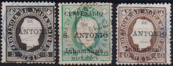 1605.jpg -     Lote:    1605                   Descrição:         1895 &mdash; Selos de D. Luís I, de Moçambique, com a sobrecarga do "Centenário de S. António". Lote com três selos de 5, 10 e 40 reis CE1, 2 e 5. Valor de catálogo &euro; 168,00.        O       Valor Base:     &euro; 40,00     Valor Venda:     &euro;      