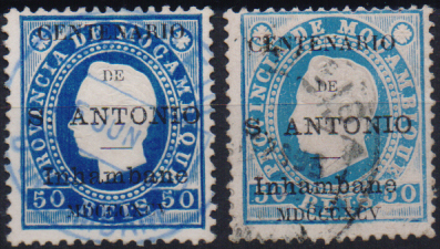 1606.jpg -     Lote:    1606                   Descrição:         1895 &mdash; Selos de D. Luís I, de Moçambique, com a sobrecarga do "Centenário de S. António". Lote de dois selos de 50 reis em denteado 12 &frac12; e 13 &frac12;, CE6. Valor de catálogo &euro; 306,00.        O       Valor Base:     &euro; 90,00     Valor Venda:     &euro;      