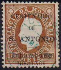 1607.jpg -     Lote:    1607                   Descrição:         1895 &mdash; Selos de D. Luís I, de Moçambique, com a sobrecarga do "Centenário de S. António". CE7, 100 reis castanho-amarelo. Valor de catálogo &euro; 300,00.        O       Valor Base:     &euro; 90,00     Valor Venda:     &euro;      