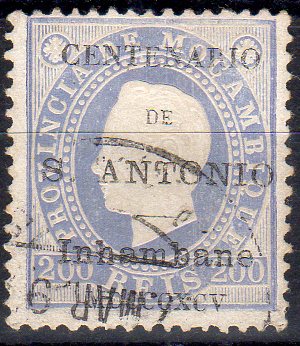 1608.jpg -     Lote:    1608                   Descrição:         1895 &mdash; Selos de D. Luís I fita direita de Moçambique, com sobrecarga "Centenário de S. António". CE8, 200 reis azul violeta. Valor de catálogo &euro; 127,00.        O       Valor Base:     &euro; 25,00     Valor Venda:     &euro;      