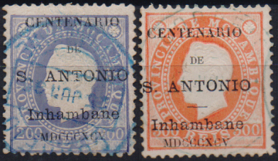1609.jpg -     Lote:    1609                   Descrição:         1895 &mdash; Selos de D. Luís I, de Moçambique, com a sobrecarga do "Centenário de S. António". Lote de dois selos de 200 e 300 reis CE8/9. Valor de catálogo &euro; 254,00.        O       Valor Base:     &euro; 75,00     Valor Venda:     &euro;      