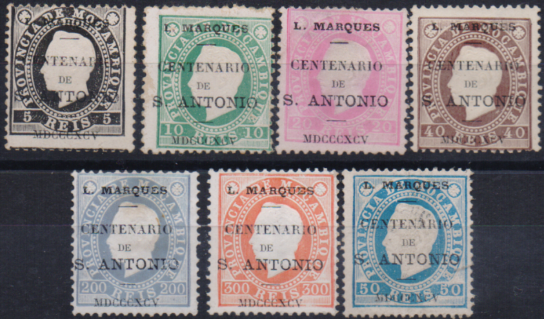 1614.jpg -     Lote:    1614                   Descrição:         1895 &mdash; Selos de D. Luís I, fita direita, de Moçambique, com a sobrecarga do "Centenário de S. António". Lote de 7 selos de 5, 10, 20, 40, 200 e 300 reis em denteado 12 &frac12; + 50 reis em denteado 13 &frac12;, CE14, 15, 16, 18, 19, 21 e 22. Valor de catálogo &euro; 360,00.        *       Valor Base:     &euro; 100,00     Valor Venda:     &euro;      