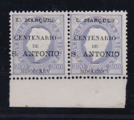 1616.jpg -     Lote:    1616                   Descrição:         1895 &mdash; Selos de D. Luís I de Moçambique, com sobrecarga do "Centenário de S. António. CE21, 200 reis. Par fundo de folha. Valor de catálogo &euro; 126,00        *       Valor Base:     &euro; 25,00     Valor Venda:     &euro;      