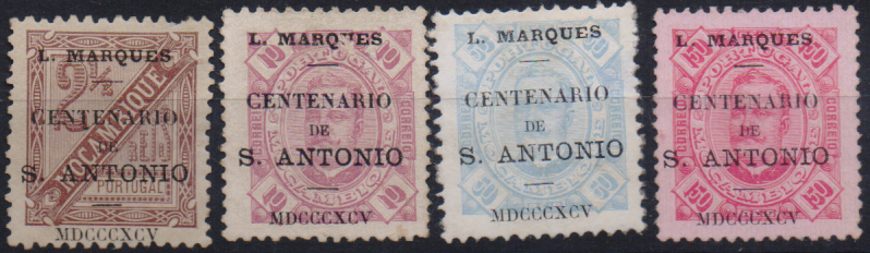 1617.jpg -     Lote:    1617                   Descrição:         1895 &mdash; Selos de D. Carlos I, de Moçambique, com a sobrecarga do "Centenário de S. António". Lote de 4 selos de 2 &frac12;, 10, 50 e 150 reis em CE23, 25, 26 e 30. Valor de catálogo &euro; 199,00.        *       Valor Base:     &euro; 60,00     Valor Venda:     &euro;      
