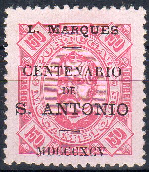 1620.jpg -     Lote:    1620                   Descrição:         1895 &mdash; Selos de D. Carlos I de Moçambique com sobrecarga "Centenário de S. António". CE30, 150 reis carmim s/ rosa. Valor de catálogo &euro; 65,00.        *       Valor Base:     &euro; 20,00     Valor Venda:     &euro;      