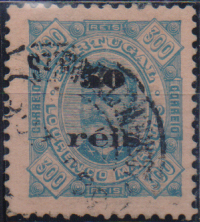 1621.jpg -     Lote:    1621                   Descrição:         1896 &mdash; D. Carlos I, com sobretaxa. CE31, 50 reis s/ 300 reis laranja s/ azul. Valor de catálogo &euro; 270,00.        O       Valor Base:     &euro; 50,00     Valor Venda:     &euro;      