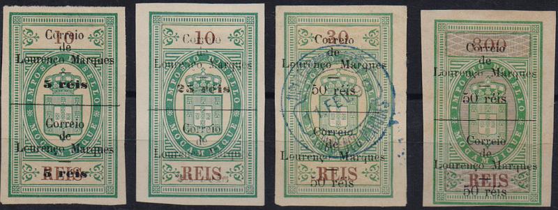 1624.jpg -     Lote:    1624                   Descrição:         1899 &mdash; Selos fiscais de Moçambique, com sobretaxa. CE47/50. Série completa. Selo CE49 usado. Selos completos. Valor de catálogo &euro;103,00.        */O       Valor Base:     &euro; 20,00     Valor Venda:     &euro;      