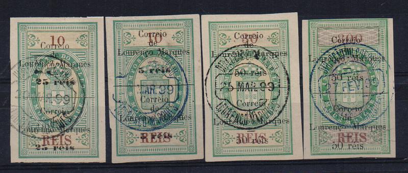 1625.jpg -     Lote:    1625                   Descrição:         1899 &mdash; Selos fiscais de Moçambique, com sobretaxa. CE47/50. Série completa de selos completos. Valor de catálogo &euro; 106,00.        O       Valor Base:     &euro; 25,00     Valor Venda:     &euro;      