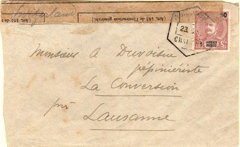 1626.jpg -     Lote:    1626                   Descrição:         1903 &mdash; D. Carlos I Mouchon. CE71, 50 reis castanho em sobrescrito circulado de Chai-Chai (23.09.15) para Lausanne (07.11.15). Censurado em Lyon. Carimbo hexagonal batido a preto de CHAI-CHAI.        Carta       Valor Base:     &euro; 18,00     Valor Venda:     &euro;      