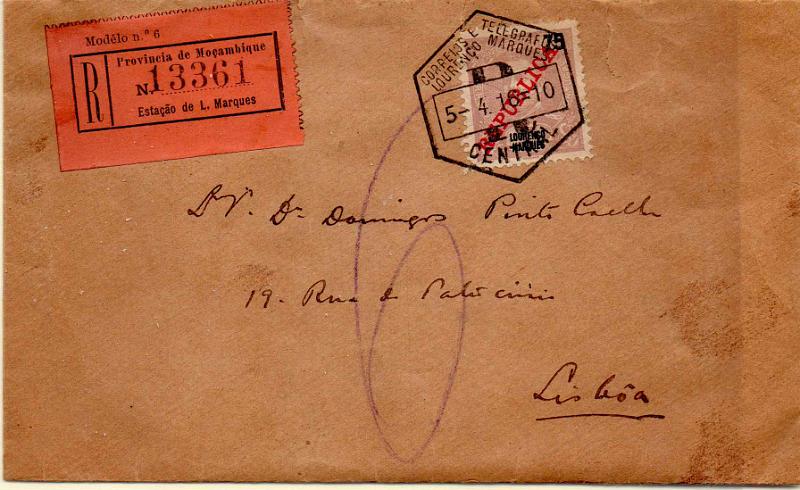1627.jpg -     Lote:    1627                   Descrição:         1911 &mdash; D. Carlos I Mouchon, com sobrecarga REPUBLICA da Casa da Moeda. Sobrescrito circulado registado de L. Marques (05.04.16) para Lisboa, com selo de 75 reis violeta castanho, CE85. MB.        Carta       Valor Base:     &euro; 20,00     Valor Venda:     &euro;      