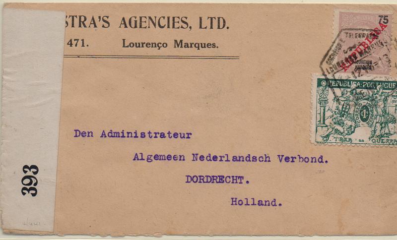 1628.jpg -     Lote:    1628                   Descrição:         1911/16 &mdash; D. Carlos I Mouchon, com sobrecarga REPUBLICA da Casa da Moeda + Taxa de Guerra. Sobrescrito circulado de L. Marques (06.12.18) para a Holanda (13.01.19) com selo de 75 reis CE110 e 1c CE IP3. Censurado. MB.        Carta       Valor Base:     &euro; 12,00     Valor Venda:     &euro;      