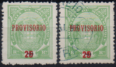 1638.jpg -     Lote:    1638                   Descrição:         1895/99 &mdash; Tipo Elefantes, com sobrecarga PROVISORIO e sobretaxa. CE28, 25 s/ 80 reis verde. Lote com selo novo e selo usado. Valor de catálogo &euro; 95,00        */O       Valor Base:     &euro; 20,00     Valor Venda:     &euro;      
