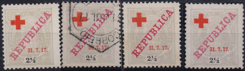 1641.jpg -     Lote:    1641                   Descrição:         1917 &mdash; Tipo Elefante, com REPUBLICA e sobretaxa CRUZ VERMELHA. CE107, 2 &frac12; reis cinzento. Estudo com selo novo e usado + "1" de "17" maior e "1" de "31" maior. Valor de catálogo &euro; 86,00.        **/*/O       Valor Base:     &euro; 25,00     Valor Venda:     &euro;      
