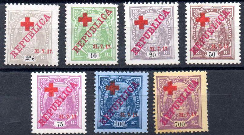 1642.jpg -     Lote:    1642                   Descrição:         1917 &mdash; Tipo Elefantes, com REPUBLICA e sobrecarga Cruz Vermelha. CE107/113. Série completa. Valor de catálogo &euro; 631,00.        **       Valor Base:     &euro; 150,00     Valor Venda:     &euro;      