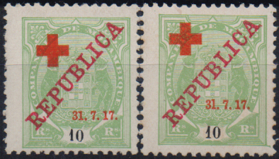 1643.jpg -     Lote:    1643                   Descrição:         1917 &mdash; Tipo Elefante, com REPUBLICA e sobretaxa CRUZ VERMELHA. CE108, 10 reis verde. Estudo com selo novo e variedade "1" de "31" maior. Valor de catálogo &euro; 46,00.        **       Valor Base:     &euro; 15,00     Valor Venda:     &euro;      