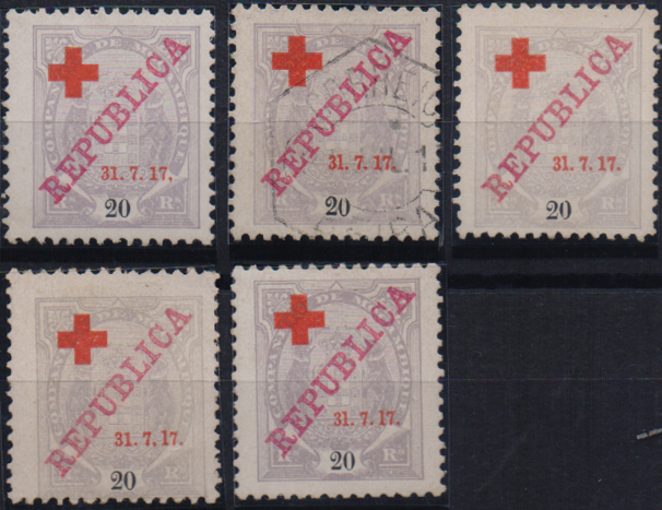 1644.jpg -     Lote:    1644                   Descrição:         1917 &mdash; Tipo Elefante, com REPUBLICA e sobretaxa CRUZ VERMELHA. CE109, 20 reis lilás cinzento. Estudo com selo novo e usado + "1" de "17" maior, "1" de "31" maior e "1" de "31" e "17" maiores. Valor de catálogo &euro; 106,00.        **/*/O       Valor Base:     &euro; 35,00     Valor Venda:     &euro;      
