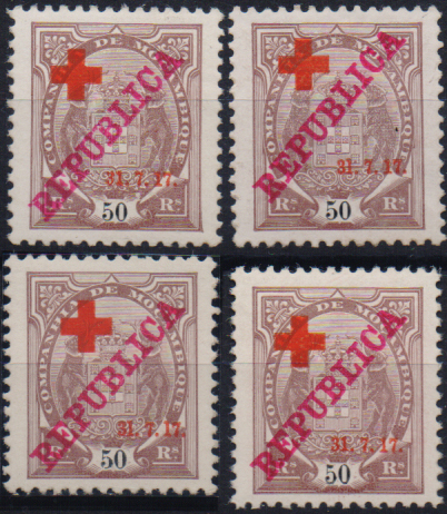 1645.jpg -     Lote:    1645                   Descrição:         1917 &mdash; Tipo Elefante, com REPUBLICA e sobretaxa CRUZ VERMELHA. CE110, 50 reis castanho. Estudo com selo novo e usado + "1" de "17" maior e "1" de "31" maior + selo com "5" de "50" com bandeira curta. Valor de catálogo &euro; 425,00.        **/*/O       Valor Base:     &euro; 120,00     Valor Venda:     &euro;      