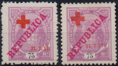 1646.jpg -     Lote:    1646                   Descrição:         1917 &mdash; Tipo Elefante, com REPUBLICA e sobretaxa CRUZ VERMELHA. CE111, 75 reis carmim. Estudo com selo novo + "1" de "31" maior. Valor de catálogo &euro; 260,00.        **       Valor Base:     &euro; 75,00     Valor Venda:     &euro;      