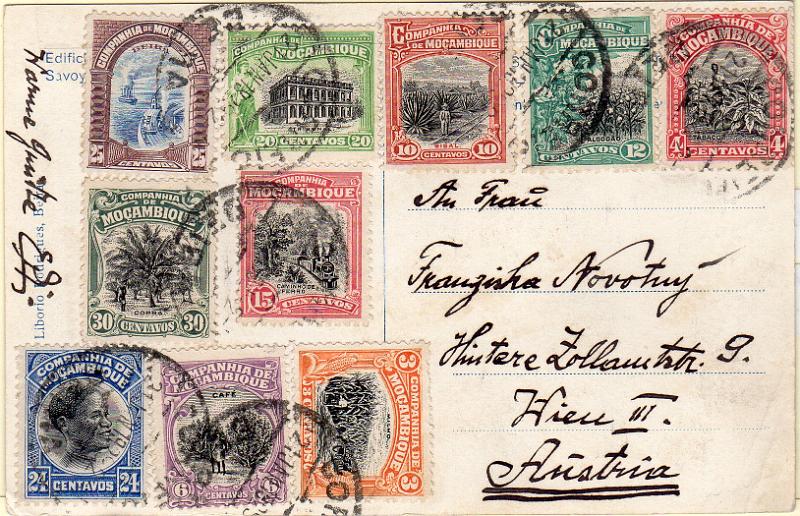 1650.jpg -     Lote:    1650                   Descrição:         1918/31 &mdash; Motivos diversos. Postal ilustrado circulado da Beira (21.01.29) para a Áustria com selos CE126, 127, 128, 153, 152A, 154, 155, 156, 162 e 163.        PI       Valor Base:     &euro; 25,00     Valor Venda:     &euro;      