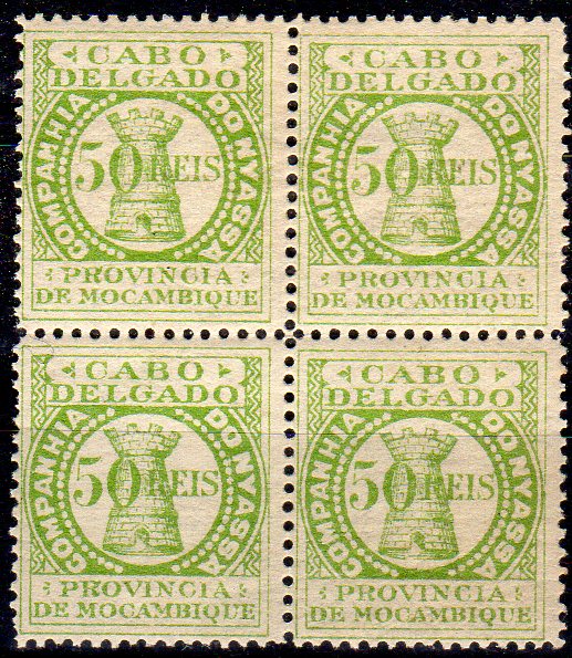 1677.jpg -     Lote:    1677                   Descrição:         1895 &mdash; Companhia do Niassa. Distrito do Cabo Delgado. NÃO EMITIDOS. Quadra de 50 reis verde, denteada, com goma original.        ***       Valor Base:     &euro; 25,00     Valor Venda:     &euro;      