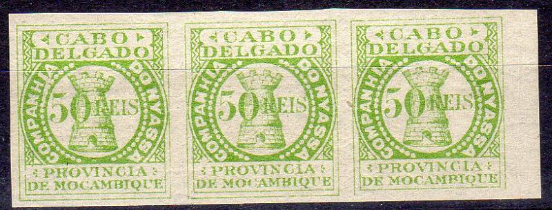 1678.jpg -     Lote:    1678                   Descrição:         Companhia do Niassa. Distrito do Cabo Delgado. Não emitidos. Tira horizontal de 3 selos de 50 reis verde, não denteados.        ***       Valor Base:     &euro; 12,00     Valor Venda:     &euro;      