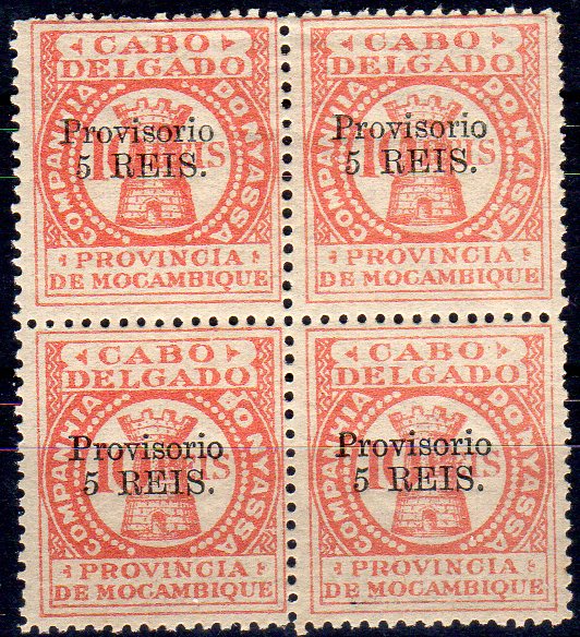 1679.jpg -     Lote:    1679                   Descrição:         1895 &mdash; Companhia do Niassa. Distrito do Cabo Delgado. Quadra de 10 reis laranja, denteada, com goma original, com sobrecarga e sobretaxa "PROVISÓRIO / 5 REIS". Esta sobretaxa foi emitida posteriormente clandestinamente.        ***       Valor Base:     &euro; 15,00     Valor Venda:     &euro;      