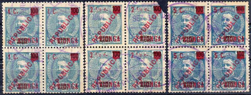 1680.jpg -     Lote:    1680                   Descrição:         1916 &mdash; Selos de D. Carlos I, de Lourenço Marques, com sobretaxa. CE2/4. Lote de 3 quadras obliteradas com carimbo de KIONGA. Quadra de 2 &frac12;C s/ 100 reis com um selo com defeito. Valor de catálogo &euro; 204,00.        O       Valor Base:     &euro; 20,00     Valor Venda:     &euro;      