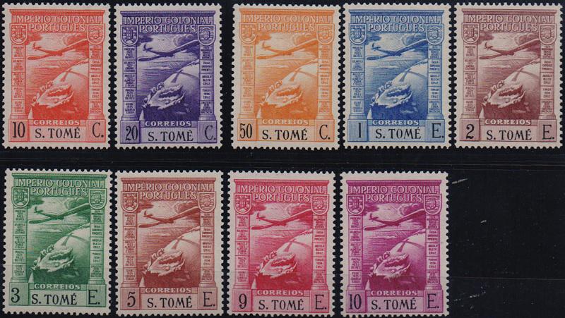 1694.jpg -     Lote:    1694                   Descrição:         1938 &mdash; Correio Aéreo. Império Colonial Português. Legenda S. TOMÉ. CE 1/9. Série completa. Excecional qualidade. Valor de catálogo &euro; 500,00.        ***       Valor Base:     &euro; 150,00     Valor Venda:     &euro;      