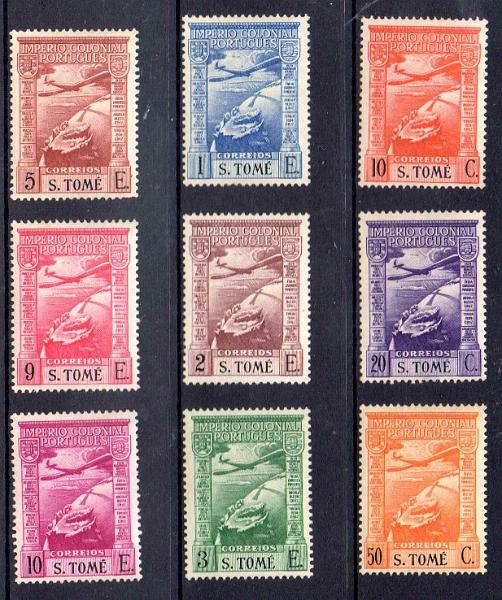 1695.jpg -     Lote:    1695                   Descrição:         1938 &mdash; Império Colonial Português. Legenda S. TOMÉ. CE CA 1/9. Série completa. Valor de catálogo &euro; 500,00.        RG***       Valor Base:     &euro; 100,00     Valor Venda:     &euro;      
