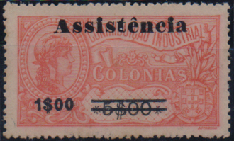 1696.jpg -     Lote:    1696                   Descrição:         1946 &mdash; Imposto Postal. ASSISTÊNCIA. Selos fiscais de África, com sobretaxa. CE IP7, 1$00 s/ 5$00 carmim. Sobrecarga tipo I. Valor de catálogo &euro; 70,00.        *       Valor Base:     &euro; 15,00     Valor Venda:     &euro;      