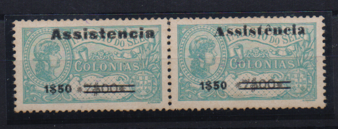 1698.jpg -     Lote:    1698                   Descrição:         1946 &mdash; Imposto postal. ASSISTENCIA. Selos fiscais de África, com sobretaxa. CE IP11, 1$50 s/ 7$00 verde. Par com um selo normal e outro com "e" em vez de "ê". Valor de catálogo &euro; 190,00.        *       Valor Base:     &euro; 110,00     Valor Venda:     &euro;      