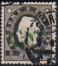 1708.jpg -     Lote:    1708                   Descrição:         1892 &mdash; D. Luís I, fita direita. Com sobretaxa. CE27, 2 &frac12; reis s/ 5 reis preto, denteado 12 &frac12;, sobrecarga a verde, tipo 1. Valor de catálogo &euro; 350,00.        O       Valor Base:     &euro; 50,00     Valor Venda:     &euro;      