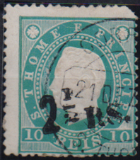 1709.jpg -     Lote:    1709                   Descrição:         1892 &mdash; D. Luís I. Fita direita. Com sobretaxa. CE28, 2 &frac12; reis s/ 10 reis verde. Sobrecarga tipo 1 a preto. Selo com canto curto. Valor de catálogo &euro; 110,00.        O       Valor Base:     &euro; 20,00     Valor Venda:     &euro;      
